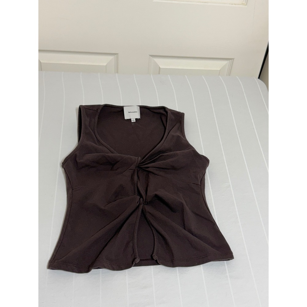 Reformation Brown Twist Front V-Neck Sleeveless Organic Cotton Top Small USA